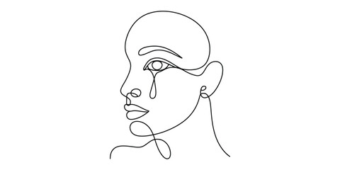 Minimalist continuous line drawing of a crying womans face in profile