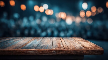 Rustic Wooden Table Surface with Bokeh Lights Blue and Orange Background Stage Ready with Copy Space