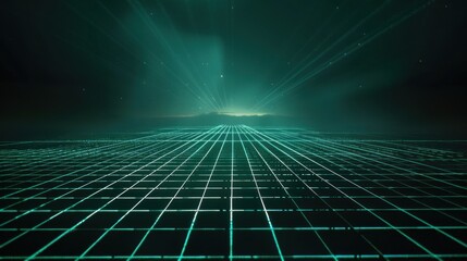 The image shows a grid pattern on a dark surface, reminiscent of a retro video game or 80s aesthetic. Bright teal and green lines form a perspective grid stretching to the horizon against a dark, al