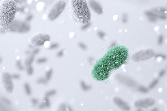 Green bacteria strain standing out in microbiology research. 3D rendering.
