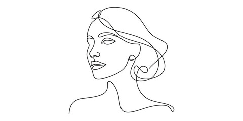 Minimalist continuous line drawing of a womans face and neck