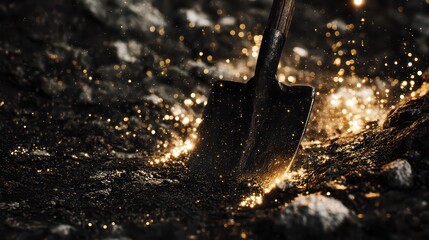 Shovel Partially Submerged in Gold Glittering Dirt Pile Under Dramatic Lighting in Dark Background Concept Art