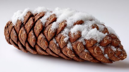 Sparkly Brown Pinecone Covered in Artificial Snow on White Surface Holiday Decoration