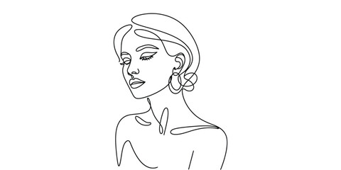 Minimalist continuous line art drawing of a womans face and shoulder