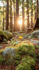 Small Yellow Mushroom on Mossy Rock in Sunlight Lit Forest Floor with Tall Trees in Background on Sunny Day