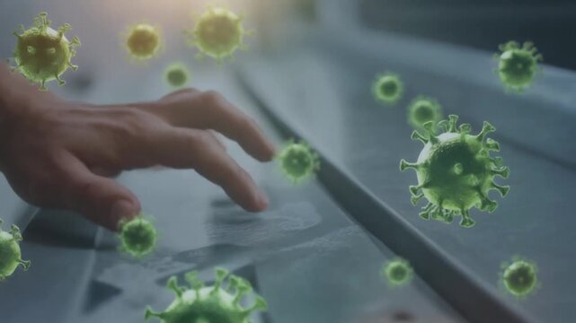 A hand interacting with a surface surrounded by floating virus particles, illustrating the spread of germs and the importance of hygiene.