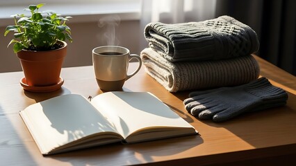 A serene morning scene with a book, coffee, and warm sweaters on a wooden table by the window.