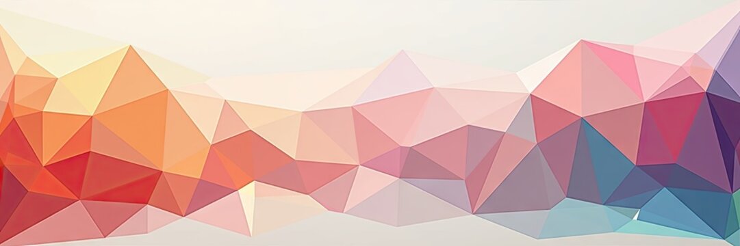 Abstract geometric illustration displays a colorful polygonal design featuring interconnected triangular shapes, showcasing gradients and soft colors within a landscape-style composition, 