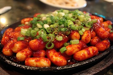 Spicy Korean Rice Cakes Tteokbokki with Gochujang Sauce Topped with Scallions on Dark Plate