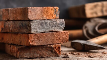 Stack of Red and Brown Textured Bricks on Rustic Wooden Surface with Blurred Background Construction Tools and Atmospheric Lighting
