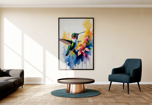 Vertical Poster Mockup with Watercolor Hummingbird Art
