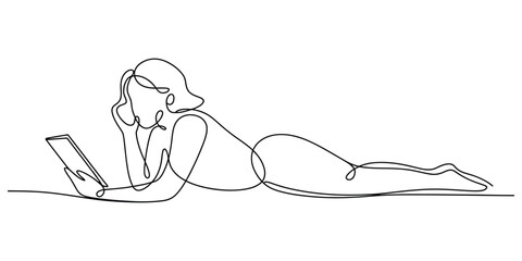 Woman lying down reading on tablet one line art drawing
