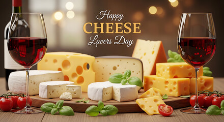 Happy cheese lovers day celebration with wine and assorted cheese