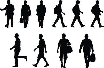 Set of walking man silhouettes, vector illustration collection of male pedestrians with backpacks and briefcases, isolated on white background for urban people design