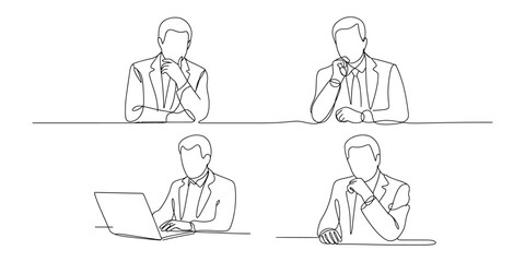 Set of four businessmen poses in continuous line drawing style
