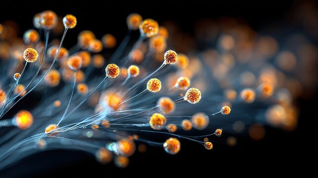 Luminescent data exchange under an abstract macroscopic concept: luminescent organic fibers and crystal nodes interconnected on a dark background, with out-of-focus light spots.