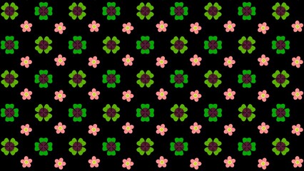 Seamless floral pattern with pink flowers and green clover shapes on black background. Playful botanical design ideal for textiles, wallpapers, wrapping paper, and decorative prints. Ratio 16:9