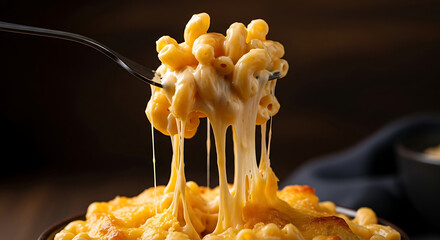Close up of creamy macaroni and cheese being lifted with a fork