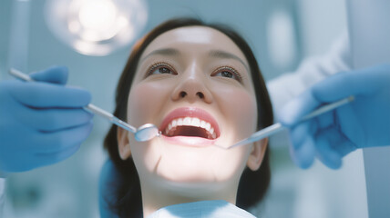 歯科で口腔検査を受ける女性の様子