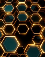 Obraz premium Illuminated honeycomb pattern with teal and gold contrasting colors, creating a geometric 3D effect.