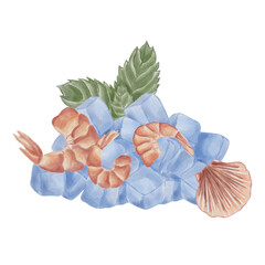 Shrimp and shellfish rest on ice cubes with a mint leaf in the background. Seafood icons for product design, menus, and culinary-themed projects. © Anna Garifulina 