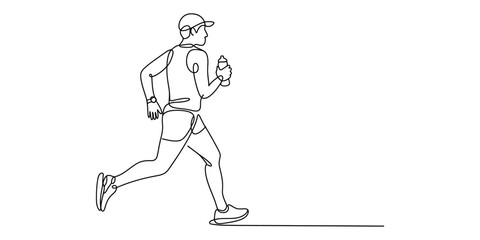 Continuous line drawing of man running with water bottle and cap