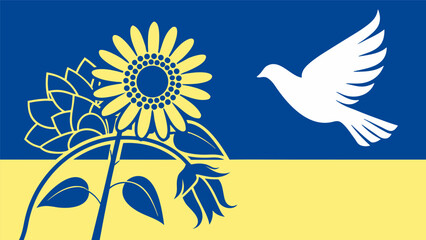 Sunflower and Dove of Peace in Blue and Yellow Colors &ndash; Symbolic Vector Illustration for Hope, Freedom, Humanitarian Projects and Awareness Campaigns
