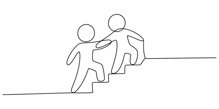 One line drawing of two people helping each other climb stairs