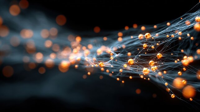 Luminescent data exchange under an abstract macroscopic concept: luminescent organic fibers and crystal nodes interconnected on a dark background, with out-of-focus light spots.