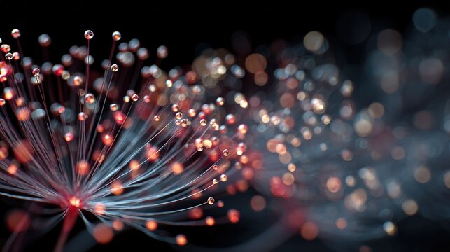 Luminescent data exchange under an abstract macroscopic concept: luminescent organic fibers and crystal nodes interconnected on a dark background, with out-of-focus light spots.