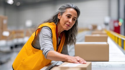 A middle-aged Hispanic woman scanning boxes on a conveyor belt in a modern warehouse. 
