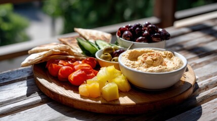A Mediterranean grazing platter with hummus, olives, and pita on a distressed wooden table under natural sunlight. 