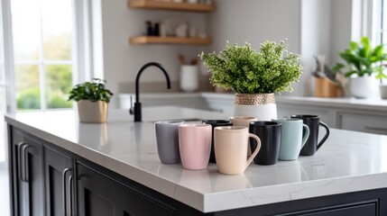 A modern kitchen island with a row of pastel coffee cups, surrounded by a chic kitchen with matte black fixtures and greenery. 