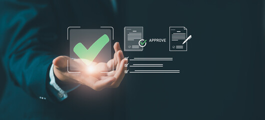 Business professional presenting digital approval checkmark with document icons and checklist interface, representing quality assurance, compliance verification, and digital workflow management.