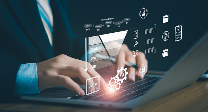 Business professional using laptop, AI analytics interface, workflow funnel, performance metrics, security icons for automation, data driven decisions, digital transformation, business optimization.