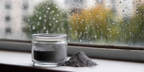 A poetic, moody scene showing grey powder diffusing into a glass with raindrops on the window behind. 