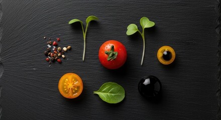 Introspective Deconstructed Salad with Meticulously Arranged Components on Dark Slate