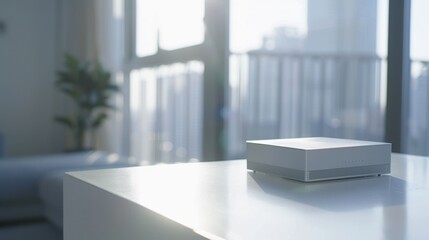 White wireless router with two antennas on a light brown wooden table with green plants in background provides internet connection