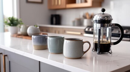 A quartz kitchen island countertop displaying artisanal mugs and a French press, against a Scandinavian-style kitchen with soft gray tones. 