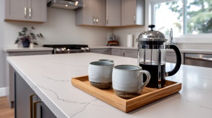 A quartz kitchen island countertop displaying artisanal mugs and a French press, against a Scandinavian-style kitchen with soft gray tones. 