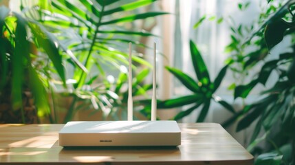 
Silver wireless internet router sits on a white table in a bright, blurred apartment interior with a window