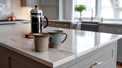 A quartz kitchen island countertop displaying artisanal mugs and a French press, against a Scandinavian-style kitchen with soft gray tones. 