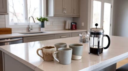 A quartz kitchen island countertop displaying artisanal mugs and a French press, against a Scandinavian-style kitchen with soft gray tones.