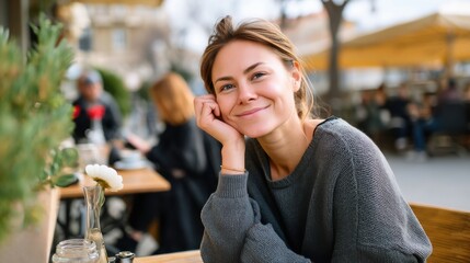 A relaxed woman sitting at an outdoor cafe, smiling and looking at the photographer. 