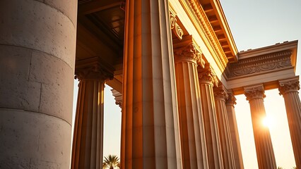 Fototapeta premium neoclassical. Classical stone pillars bathed in golden sunlight, showcasing architectural details with dramatic shadows. real-estate listings.