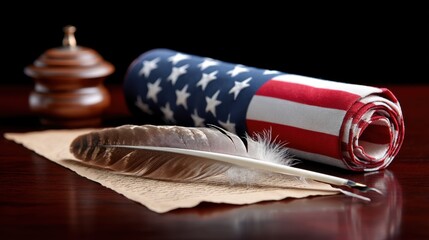 A rolled American flag on a polished mahogany desk with a quill pen and parchment for a patriotic theme. 