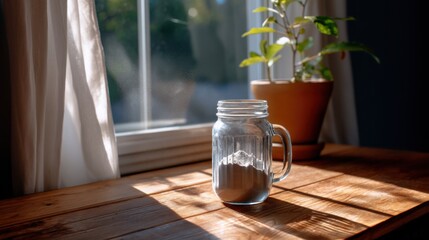 A serene morning scene with vitamin powder mixing in a mason jar, sunlight shining through the window. 