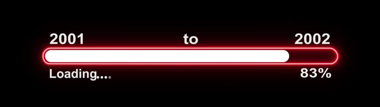 New year 2002 loading bar animation, Loading bar from 2001 to 2002 new year transfer animation. Almost reaching New Year on black background. Welcoming the happy new year 2002. 4k video alpha channel.