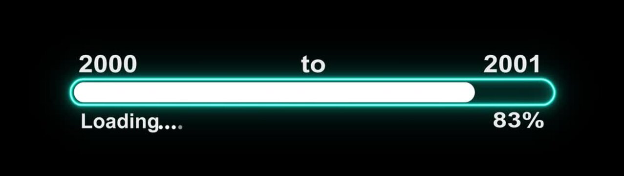 New year 2001 loading bar animation, Loading bar from 2000 to 2001 new year transfer animation. Almost reaching New Year on black background. Welcoming the happy new year 2001. 4k video alpha channel.