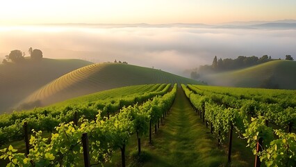 Fototapeta premium passphrase. Nebbiolo grape vineyard on Piedmont hillside with morning fog and rolling hills. travel magazines, destination branding, designed for outdoor magazines and nature guides.